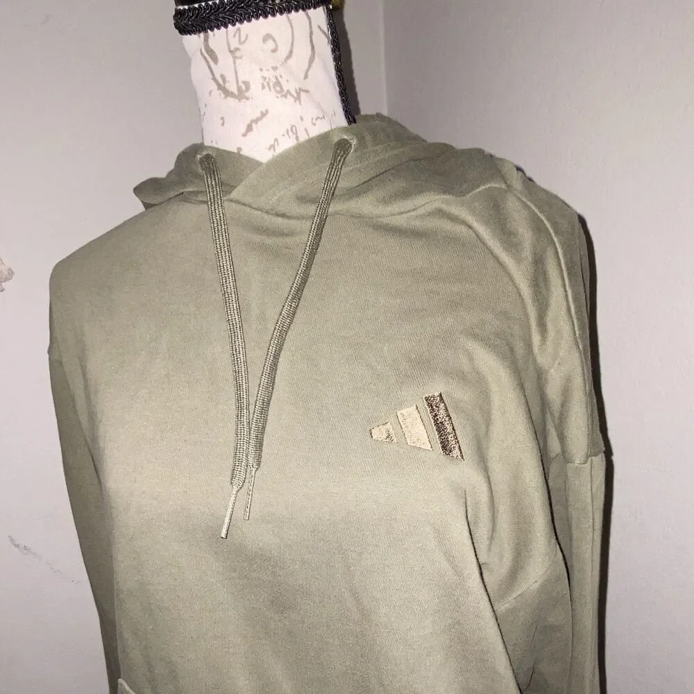 adidas Mens S Green Solid Fleece Pullover Hoodie Logo Drawstring Pockets